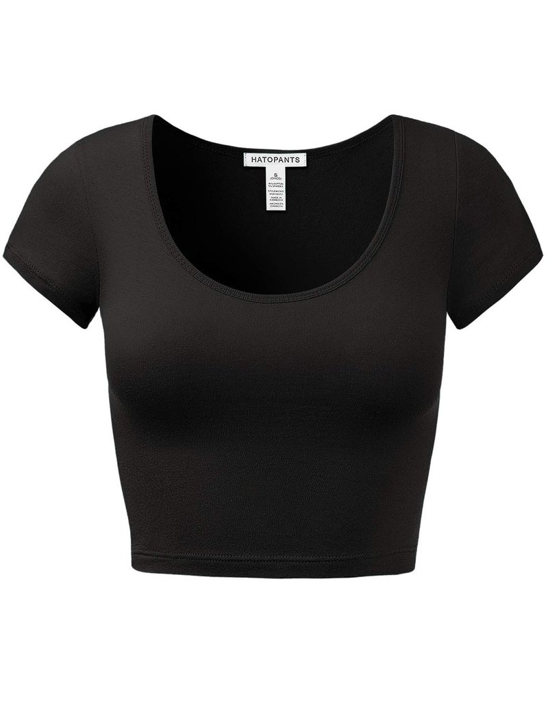 HATOPANTS Women's Cotton Crop Tops Short Sleeve Scoop Neck Stretchy Casual Shirt Black S - Image 1